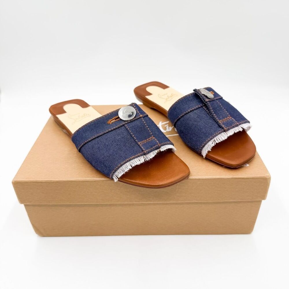 Christian Louboutin Dechiragogo Flat Denim Sandals Slides EU 38 US 8